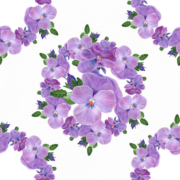 无缝模式。水彩背景上的三色堇花，紫罗兰花蕾和叶子。花叶拼贴画。利用印刷材料、标志、物品、网站、地图。图片下载