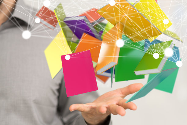 彩色书的三维渲染图标漂浮在一个男人的手上图片下载