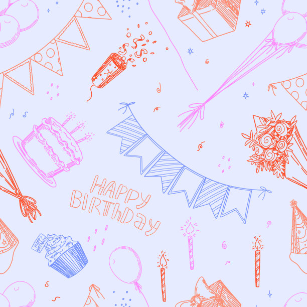 生日派对矢量无缝模式。蛋糕，蜡烛，礼品盒，节日旗帜，花束，气球的轮廓插图。明亮的复古风格装饰。图片下载