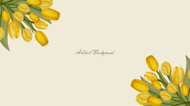 水平春天的背景，横幅与一束黄色郁金香的明信片设计。向量图片下载
