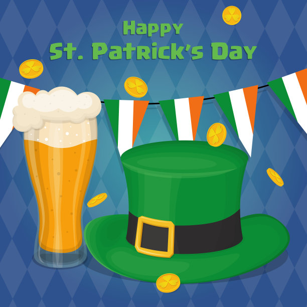 圣帕特里克节的旗帜上有啤酒杯、圣帕特里克帽、金币和国旗上的花环图片下载