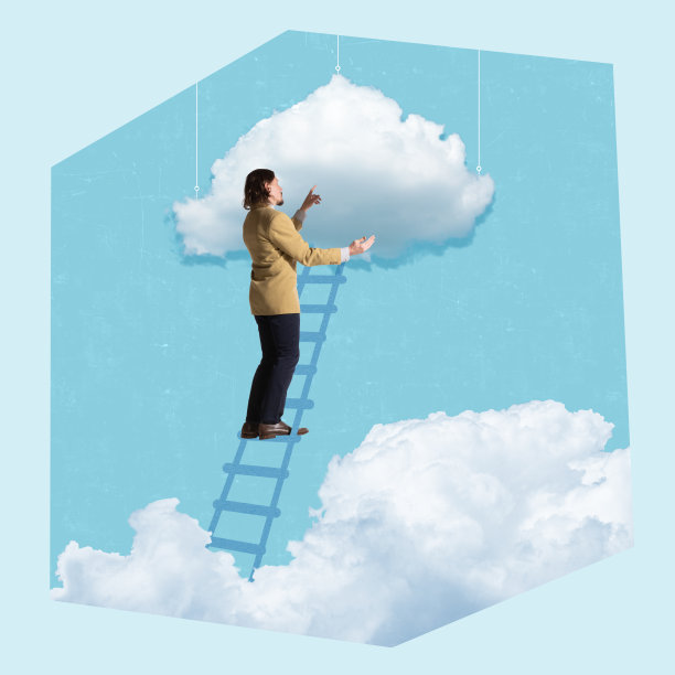 当代艺术拼贴。创意设计。男人爬上楼梯，走向天空，触摸云朵。想象力图片下载