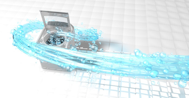 3D渲染的开放式洗衣机与蓝色的水出来螺旋与气泡图片下载