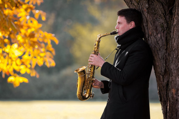 秋天的音乐:一个萨克斯手在秋天的公园里吹奏萨克斯，背景是泛黄的树叶。图片下载