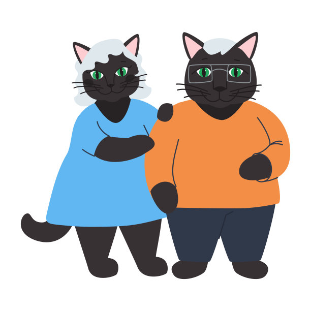 黑猫和猫。猫的家庭。爷爷和奶奶。宠物的角色。图片下载