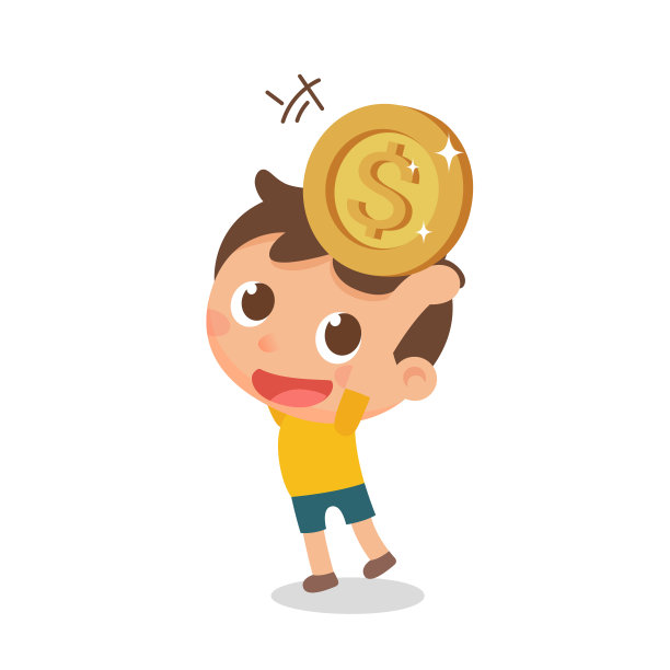 可爱的孩子在存钱——孩子手里拿着一枚金币。平面插图。图片下载