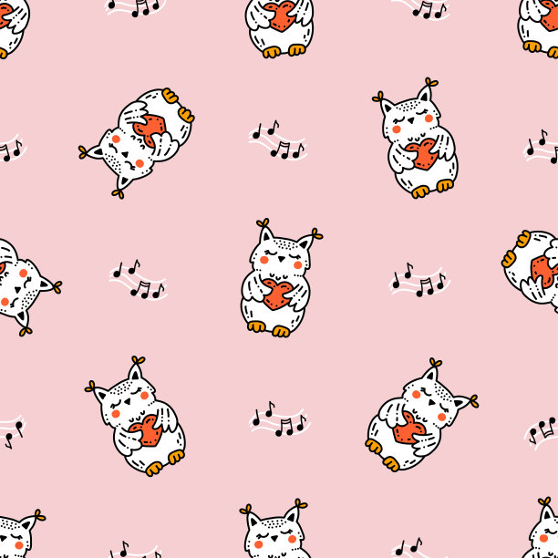 可爱的猫头鹰宝宝，红心唱着爱的歌。矢量模式图片下载