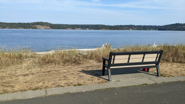 海岸线上的长凳特写镜头图片下载