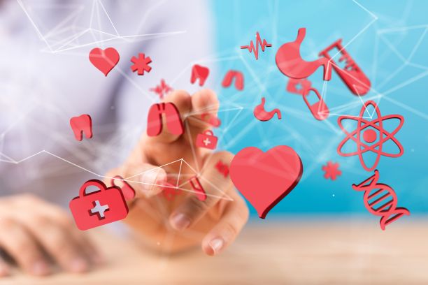 商人手用3D渲染全球网络医疗全息图图片下载