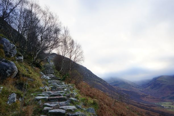 多云天，苏格兰本尼维斯山上坡的石阶图片下载