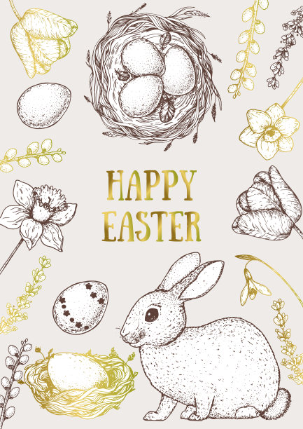 复活节框架矢量插图。手绘草图。设计元素。手绘复活节兔子，复活节蛋，春天的花，篮子，窝蛋。复古雕刻风格。图片下载