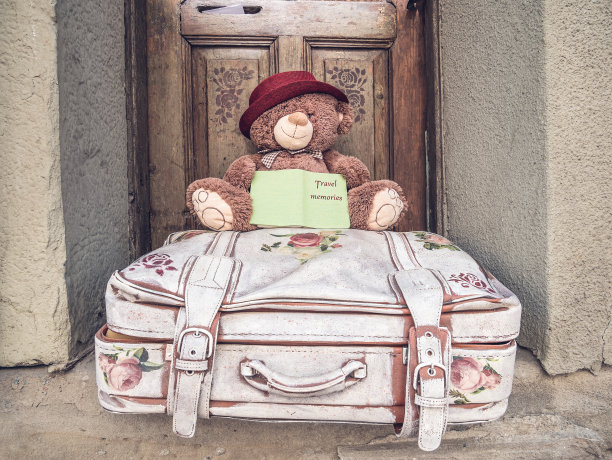 一只毛绒玩具泰迪熊坐在一个旧旅行箱上，手里拿着一本日记。旅游的概念图片下载