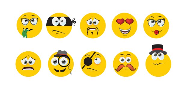 圆形抽象漫画面孔，各种情绪。卡通画风。不同色彩的文字，扁平化设计。手绘潮流矢量插图。图片下载