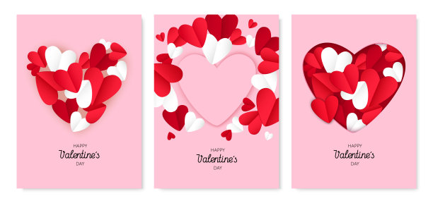 粉红色背景上的彩色心形。一套三张牌。图片下载