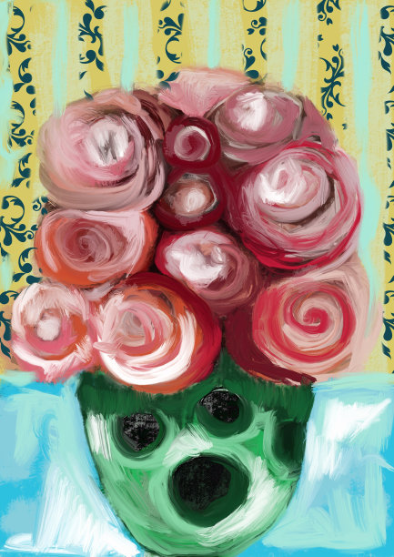 数字油画静物与玫瑰，富有表现力的运动，充满活力的色彩，装饰性的元素图片下载