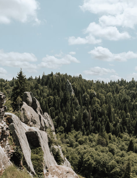 夏季山地景观。森林里的大石崖。山上的巨石。图片下载