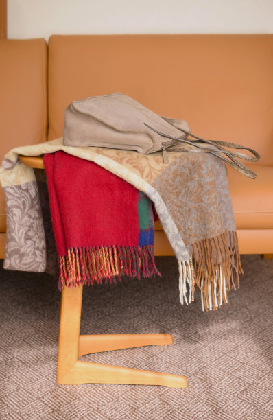 羊毛围巾和手提包在桌子上。图片下载