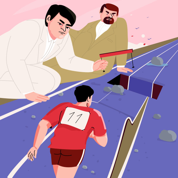 人在有障碍的路上奔跑。高大的人看着运动员。比喻在生意上克服困难。图片下载