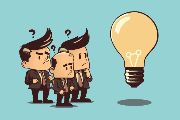 头脑风暴团队合作。矢量插图的商人看着一个灯泡与问号在他们的头上。研究的概念，问题研究，思考解决方案图片下载