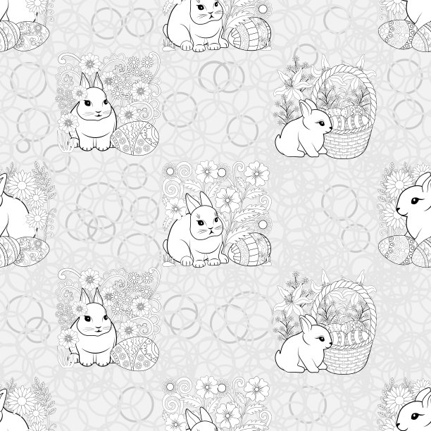 复活节图案，兔子，复活节彩蛋，花，灰色背景。图片下载