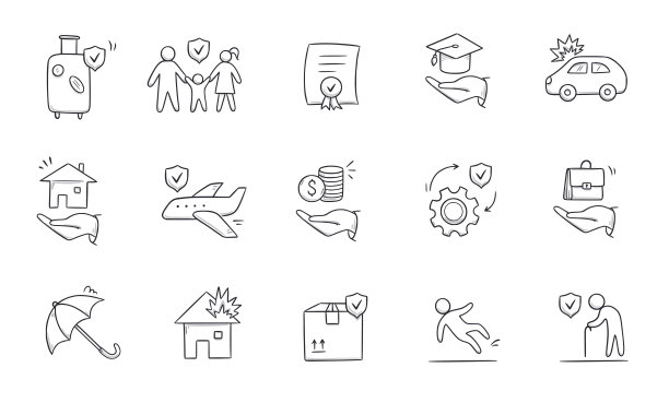 保险涂鸦图标集。手绘生命盾牌素描，保险伞，医疗安全图标套装。健康安全，车祸保家图片下载