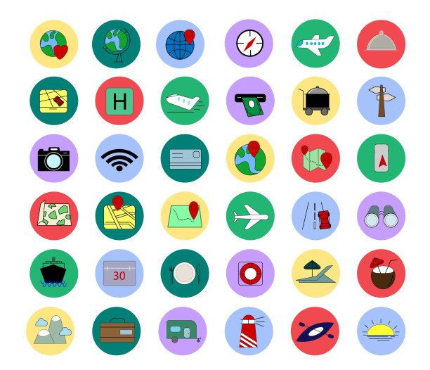 旅行和旅游图标集。矢量插图。平面矢量颜色图标图片下载