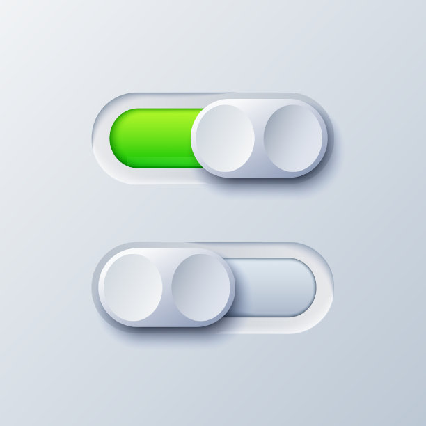 现实拨动开关按钮图标。时断时续。绿色和灰色开关界面按钮设置与阴影图片下载