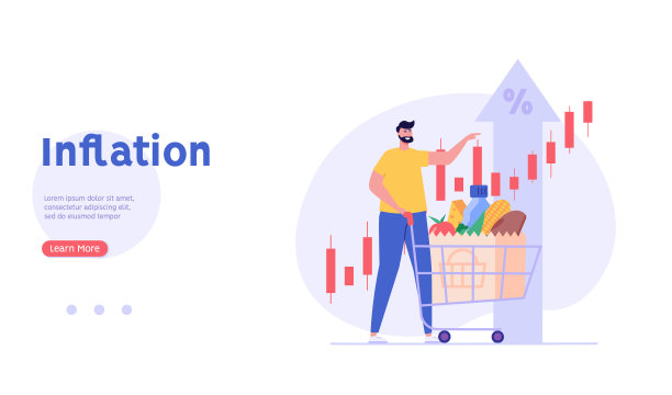 消费者购物车和杂货价格上涨。增加通货膨胀。通货膨胀的概念，食品价格上涨，金融危机。平面卡通设计中的矢量插图。图片下载