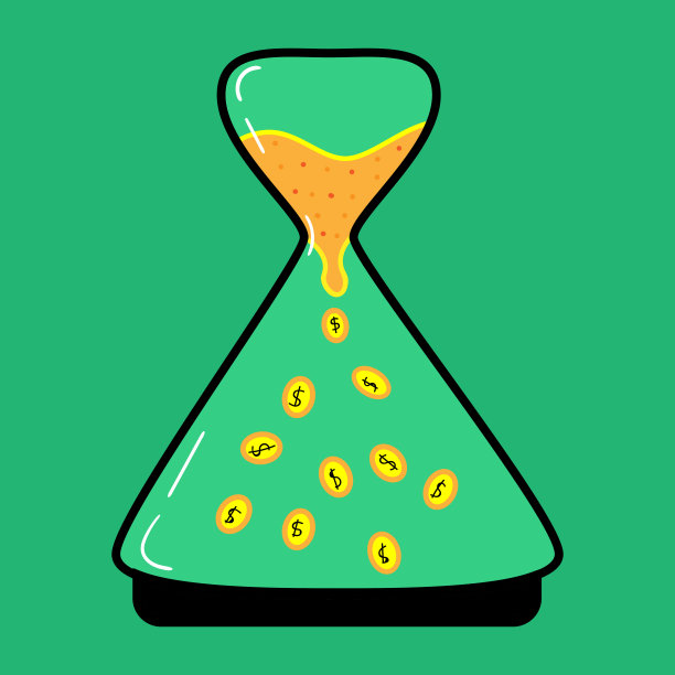 涂鸦插图沙漏充满了沙子落入硬币与绿色背景图片下载