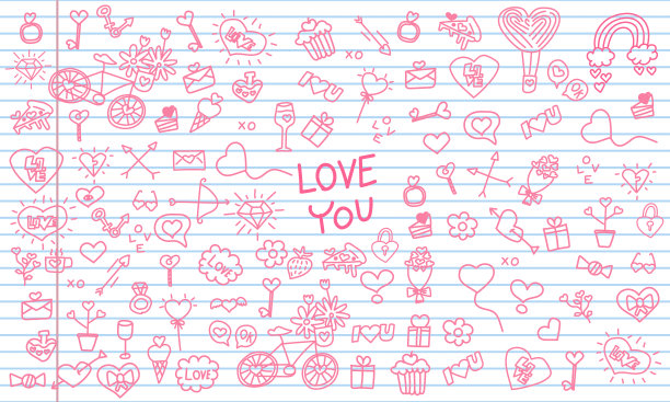 情人节涂鸦和我爱你快乐的心粉色，t恤印花，涂鸦矢量设计图片下载