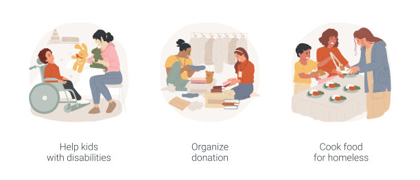 志愿者实践孤立的卡通矢量插画集。图片下载