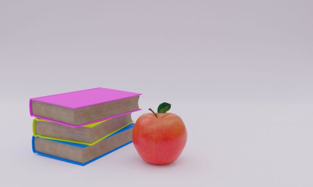 几本书和一个苹果的3D渲染图片下载