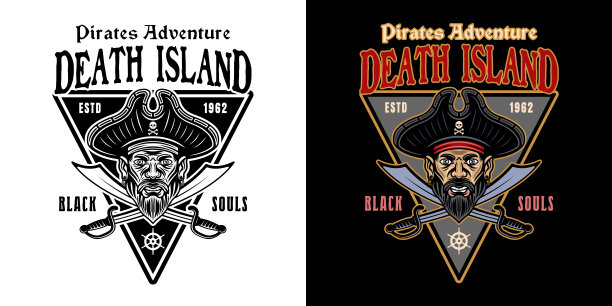 死亡岛矢量海盗标志与人的头和两把交叉的军刀。插图有两种风格，黑色在白色和彩色的深色背景图片下载