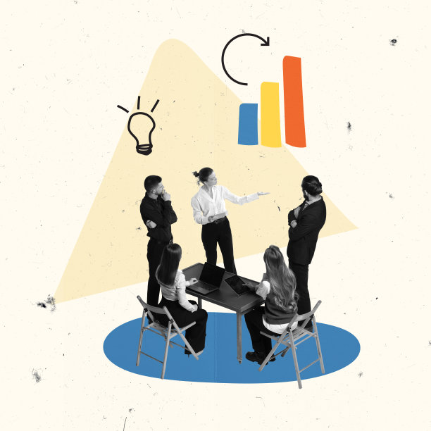 当代艺术拼贴。概念设计。团队会议。人们，员工讨论当前的工作问题，统计数据图片下载