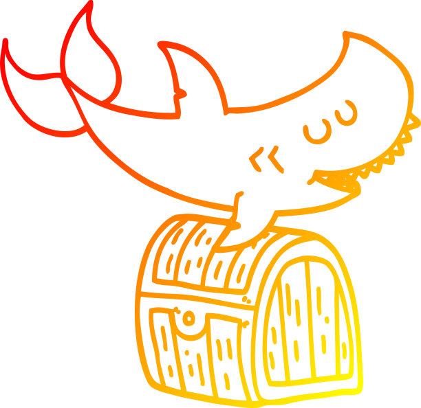 温暖的梯度线绘制的卡通鲨鱼游泳在宝箱图片下载