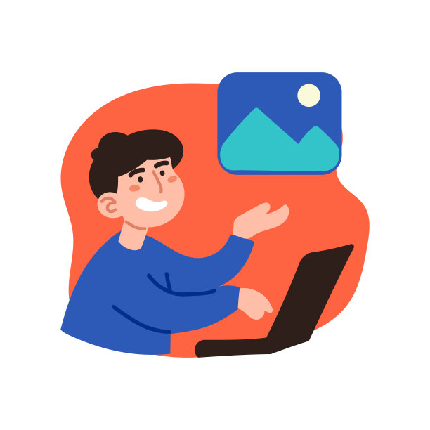 男人看着电脑上的画廊。图片，风景，人像，摄影，创意职业，创意，捕捉瞬间。平的风格。一个穿着白色背景蓝色t恤的男人图片下载