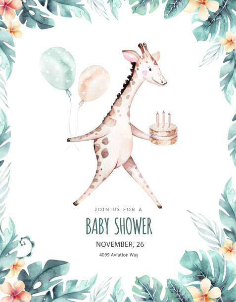 可爱的卡通婴儿长颈鹿动物手绘水彩插图与气球婴儿淋浴。儿童育婴服时尚设计，婴儿淋浴邀请卡。图片下载