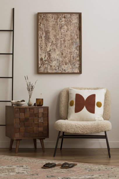 温暖舒适的客厅内部组成，模拟画框，毛线扶手椅，花纹枕头，木制咖啡桌，黑色梯子，复古地毯，拖鞋和个人配件。家居装饰。模板。图片下载