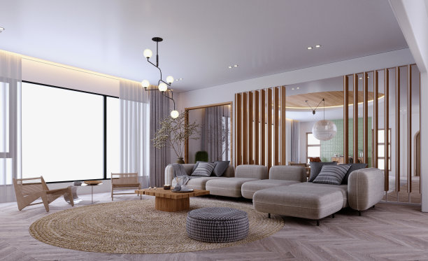 3d渲染，3d插图，室内场景和模型，现代风格的客厅用灰色和白色的木材装饰。图片下载