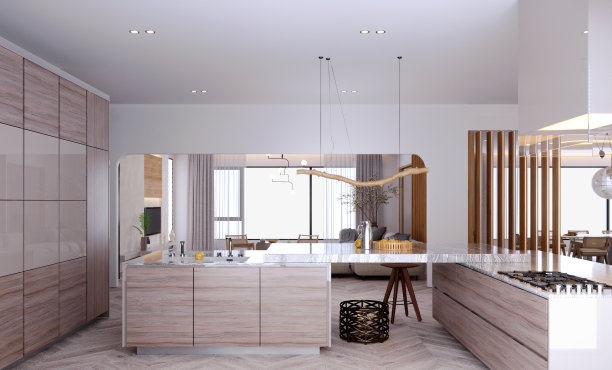 3d渲染，3d插图，室内场景和模型，装饰有木制家具的现代风格厨房，和阴影材料。图片下载