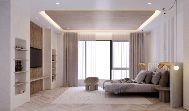 3d渲染，3d插图，室内场景和模型，现代斯堪的纳维亚风格的卧室。图片下载