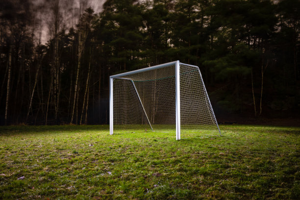 在森林的一个小领域的足球目标的夜晚照片。图片下载