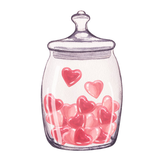 透明玻璃罐与粉红色和红色光泽的心脏里面。手绘水彩插图孤立的白色背景。情人节图片下载
