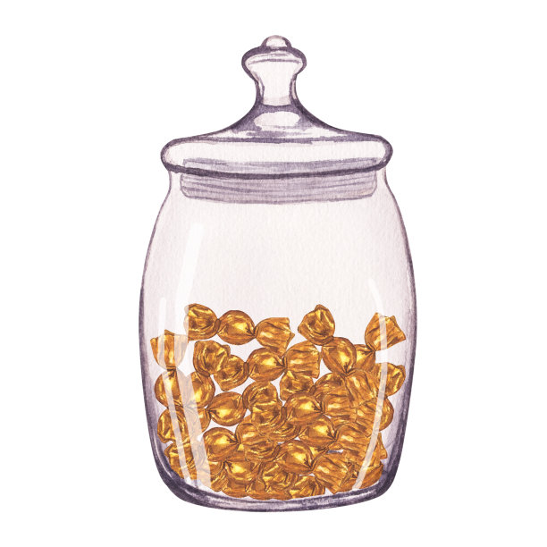 透明玻璃罐与糖果在一个金色闪亮的包装里面。手绘水彩插图孤立的白色背景。情人节。图片下载