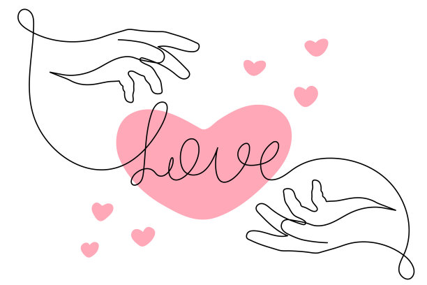 双手用情话一字一句的艺术，连续绘制轮廓，为情人节手绘浪漫的设计。新娘，婚礼，订婚的象征。可编辑的中风。图片下载