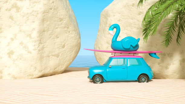 沙滩上的夏日旅游车和巨大的岩石图片下载