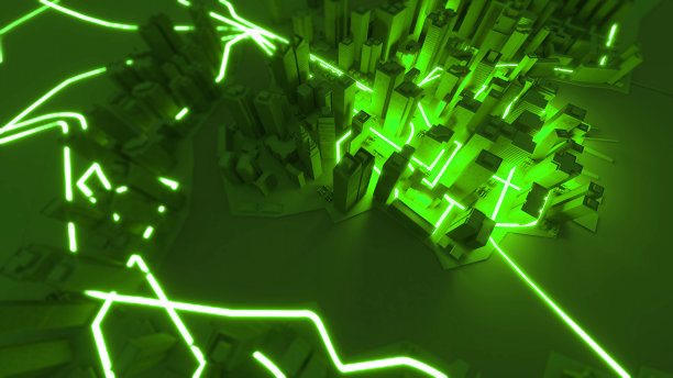 市中心夜间联网，科技数字新闻，绿色数字色调，3d渲染图片下载