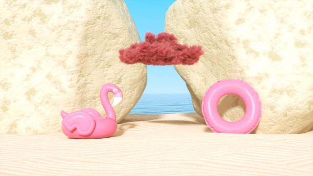 粉红色充气火烈鸟在沙滩上与巨大的岩石，最小的夏天和旅游概念图片下载