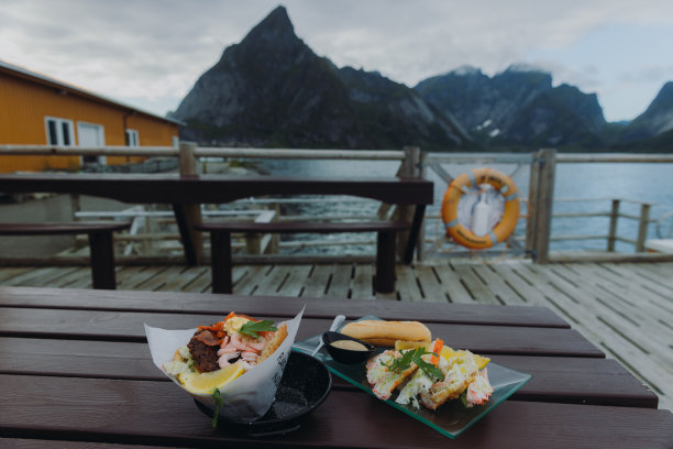 美味的海鲜餐与峡湾的观点罗浮敦群岛图片下载