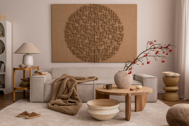 室内设计的客厅室内与模拟海报，米色沙发，现代扶手椅，编织格纹，书籍，花在花瓶，pouf，灯，碗，地毯和个人配件。家居装饰。模板。图片下载